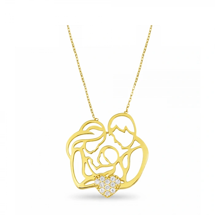 14 Ayar Altın Kalp Detaylı Aİle Kolye, Anne ve Bebek Kolye