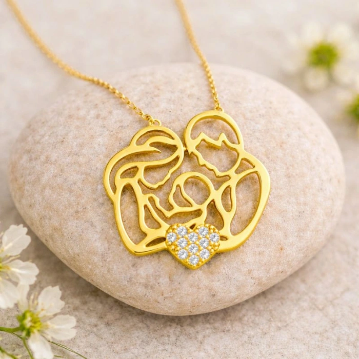 14 Ayar Altın Kalp Detaylı Aİle Kolye, Anne ve Bebek Kolye