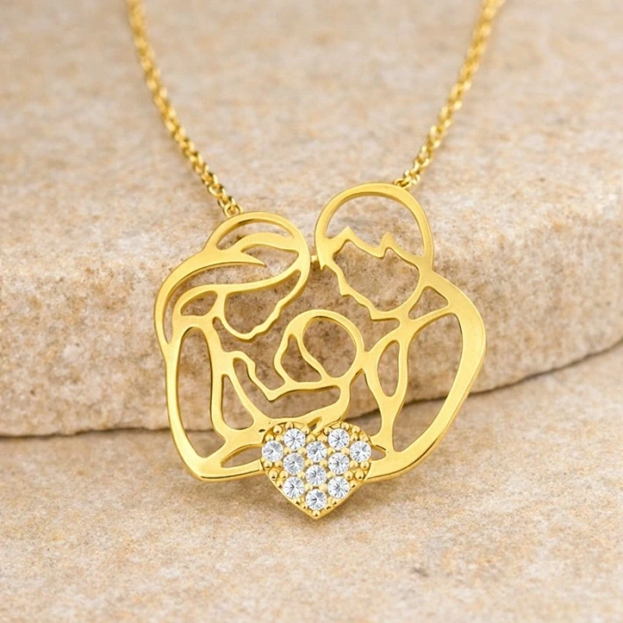 14 Ayar Altın Kalp Detaylı Aİle Kolye, Anne ve Bebek Kolye