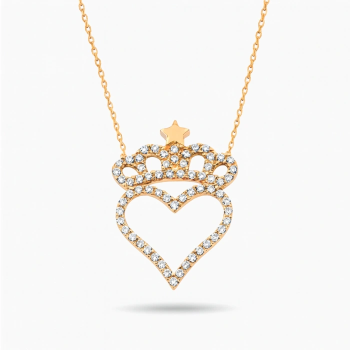 14 Ayar Altın Taç ve Yıldız Detaylı Kalp Kolye