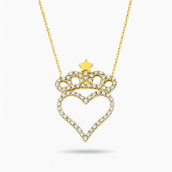 14 Ayar Altın Taç ve Yıldız Detaylı Kalp Kolye