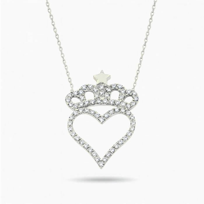 14 Ayar Altın Taç ve Yıldız Detaylı Kalp Kolye