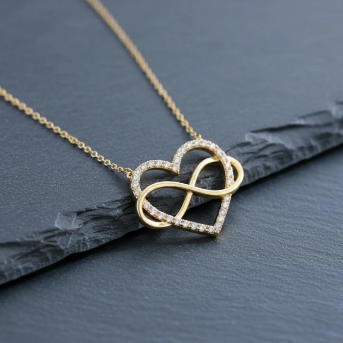 14 Ayar Altın Sonsuzluk Detaylı Kalp Kolye