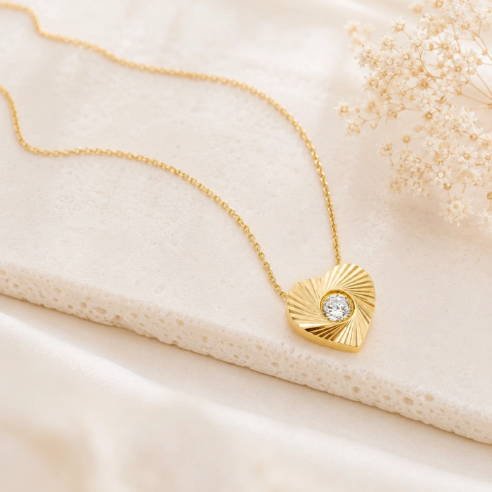 14K Solid Gold Sparkling Mini Heart Necklace
