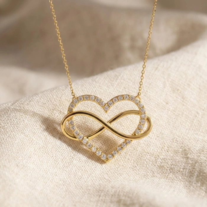 14 Ayar Altın Sonsuzluk Detaylı Kalp Kolye