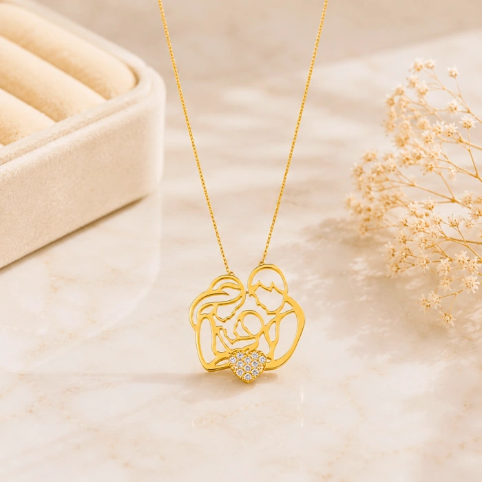 14K Solid Gold Heart Family Necklace