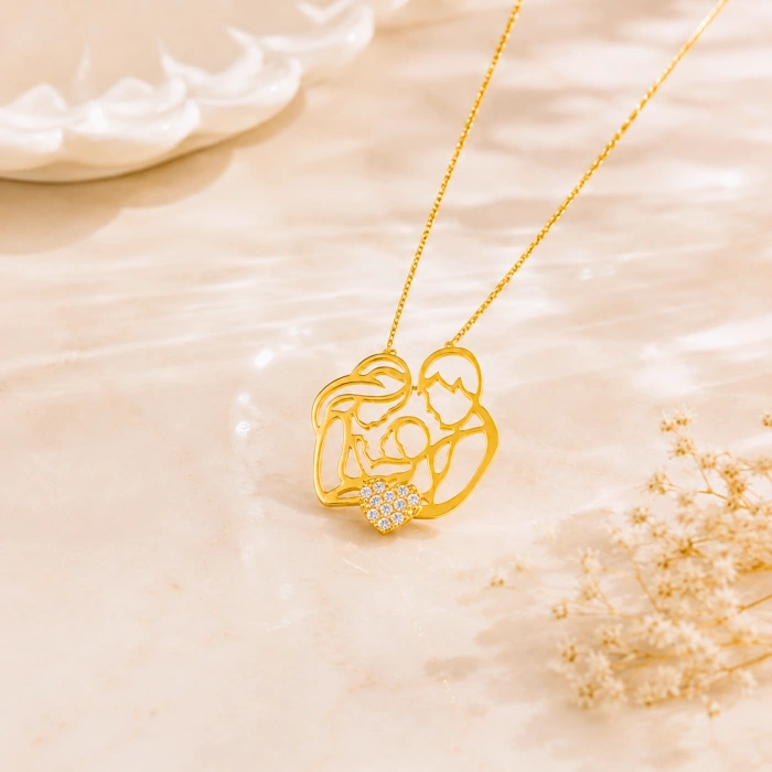 14K Solid Gold Heart Family Necklace