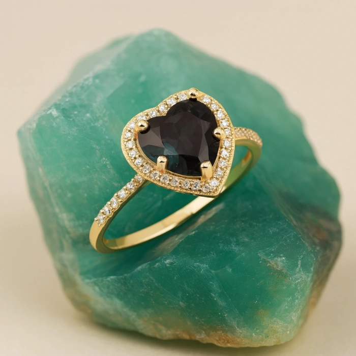 14 Ayar Altın Kalp Kesim Siyah Oniks Yüzük