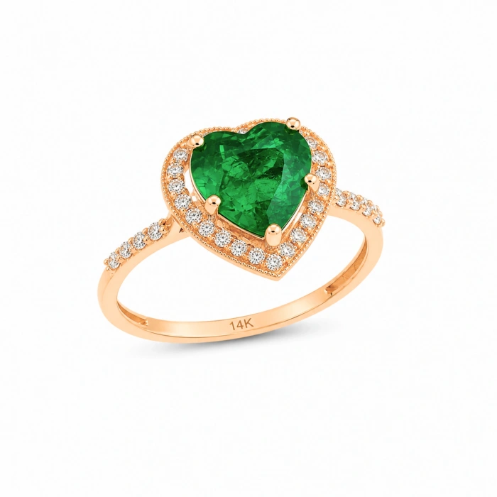 14K Solid Gold Emerald Heart Ring, Elegant & Sparkling Design