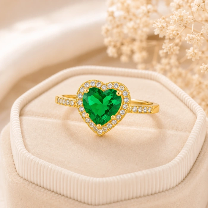14K Solid Gold Emerald Heart Ring, Elegant & Sparkling Design