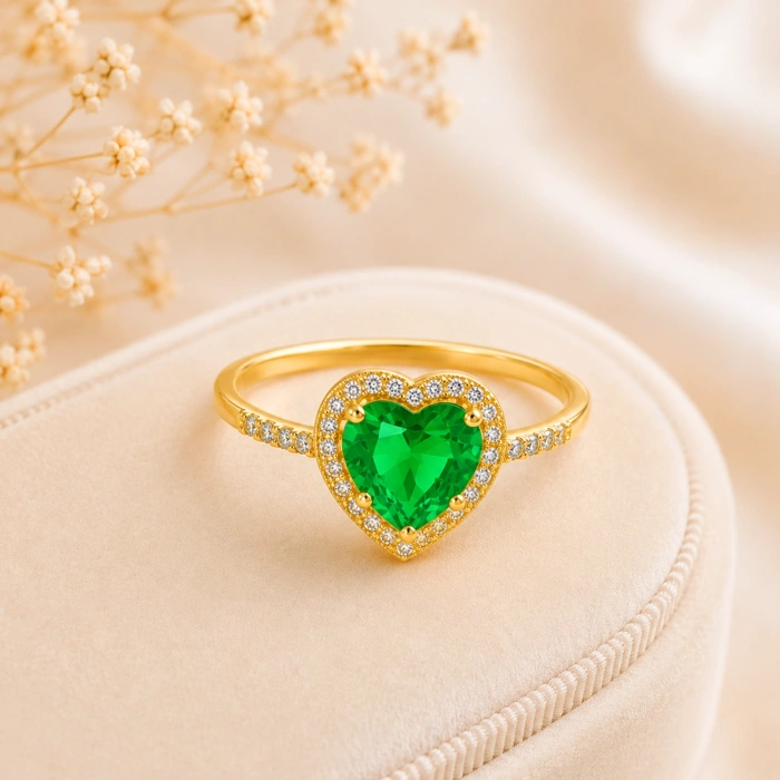 14K Solid Gold Emerald Heart Ring, Elegant & Sparkling Design