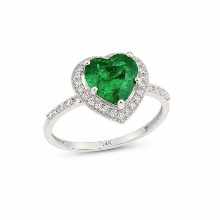 14K Solid Gold Emerald Heart Ring, Elegant & Sparkling Design