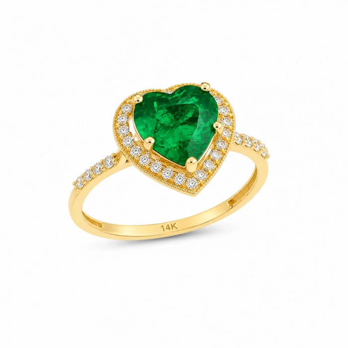 14K Solid Gold Emerald Heart Ring, Elegant & Sparkling Design