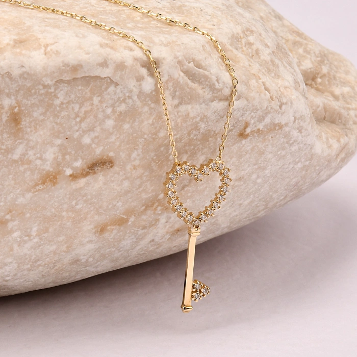 14K Gold Heart Key Necklace, Gold Lock Jewelry, Key to My Heart Necklace, Gift for Girlfriend