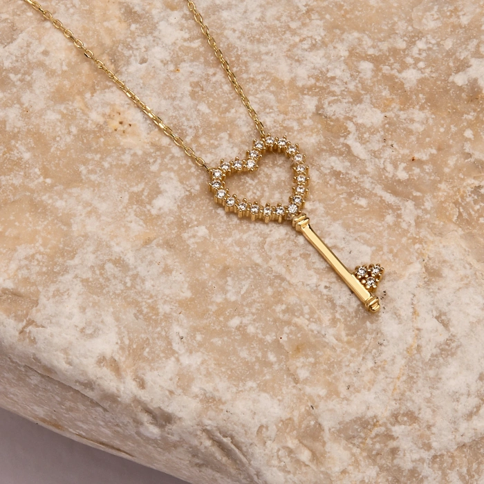 14K Gold Heart Key Necklace, Gold Lock Jewelry, Key to My Heart Necklace, Gift for Girlfriend