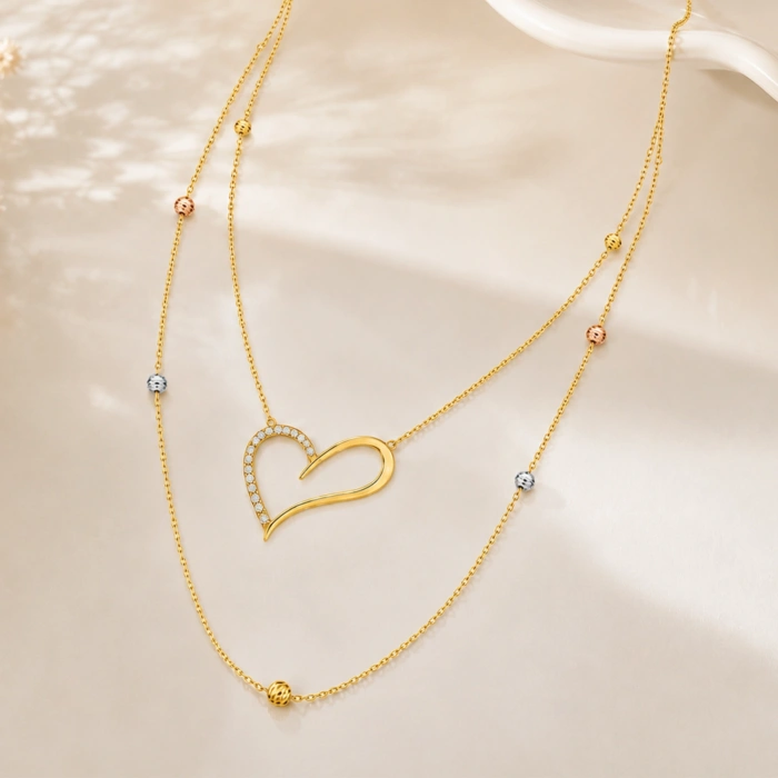 14K Solid Gold Layered Heart Necklace