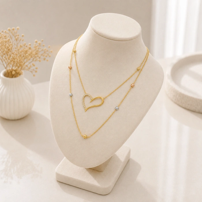 14K Solid Gold Layered Heart Necklace