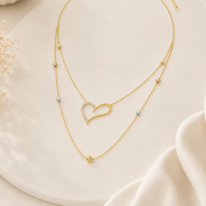 14K Solid Gold Layered Heart Necklace