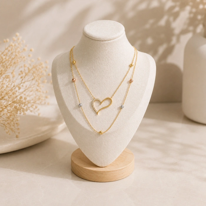14K Solid Gold Layered Heart Necklace