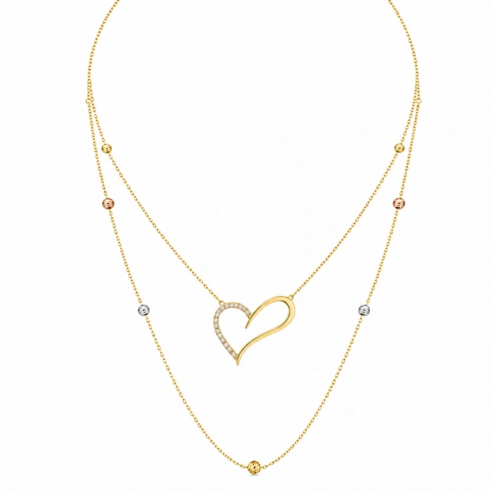 14K Solid Gold Layered Heart Necklace