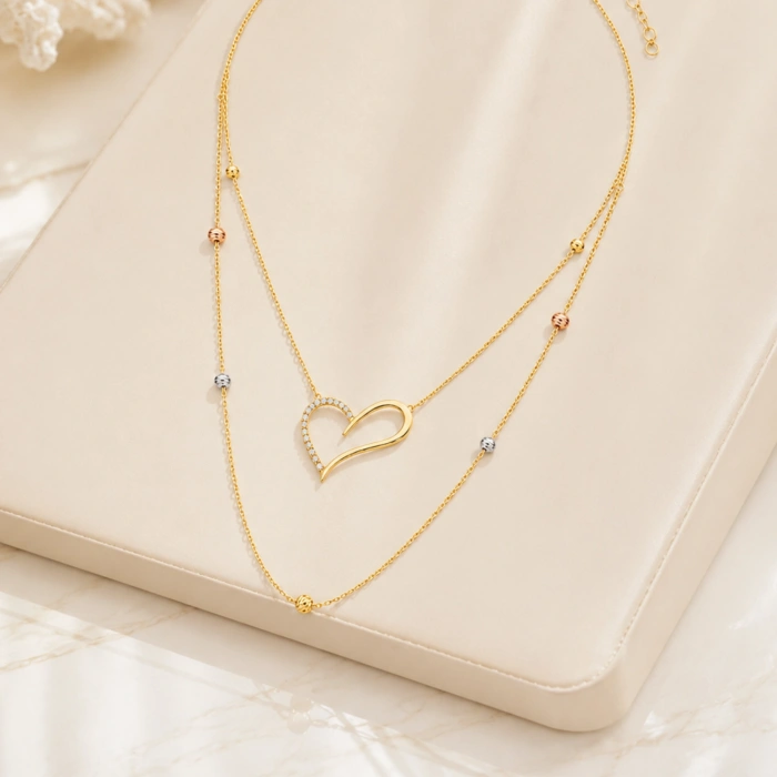 14K Solid Gold Layered Heart Necklace