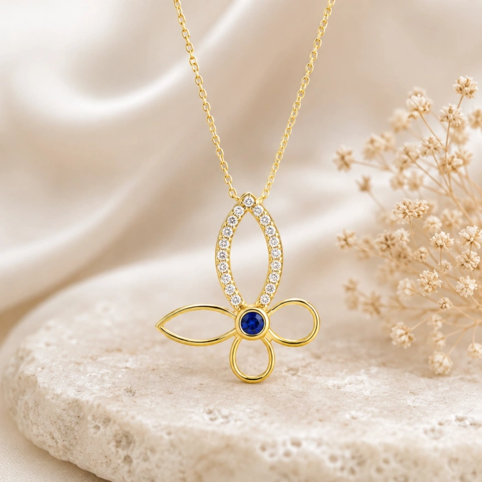 14K Solid Gold Butterfly Necklace – Elegant Clover Necklace, Minimalist Luck Jewelry