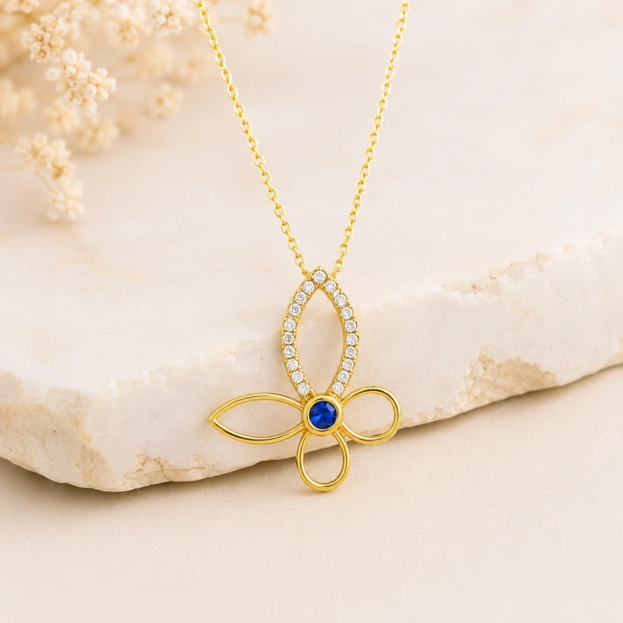 14K Solid Gold Butterfly Necklace – Elegant Clover Necklace, Minimalist Luck Jewelry