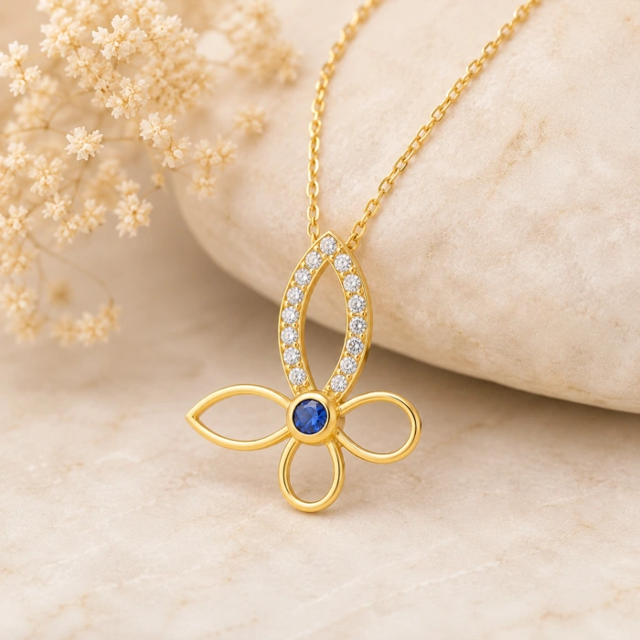 14K Solid Gold Butterfly Necklace – Elegant Clover Necklace, Minimalist Luck Jewelry