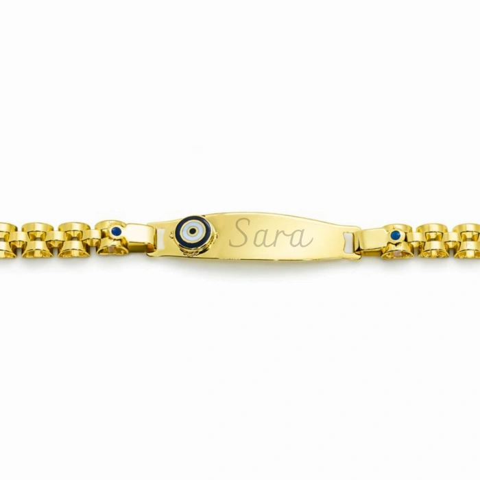 14 Ayar Altın Kişiye Özel isimli Bileklik, Nazar Boncuk Detaylı Bebek Künye