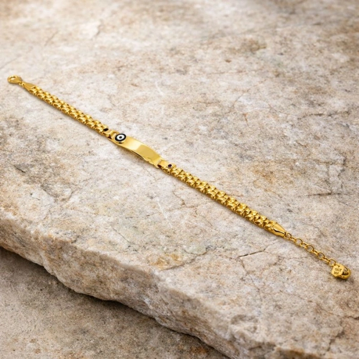 14 Ayar Altın Kişiye Özel isimli Bileklik, Nazar Boncuk Detaylı Bebek Künye