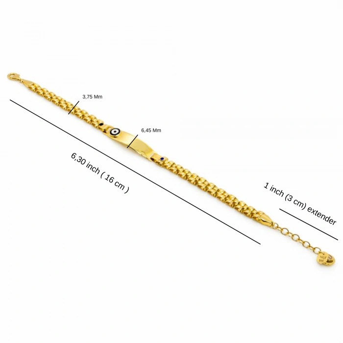 14 Ayar Altın Kişiye Özel isimli Bileklik, Nazar Boncuk Detaylı Bebek Künye