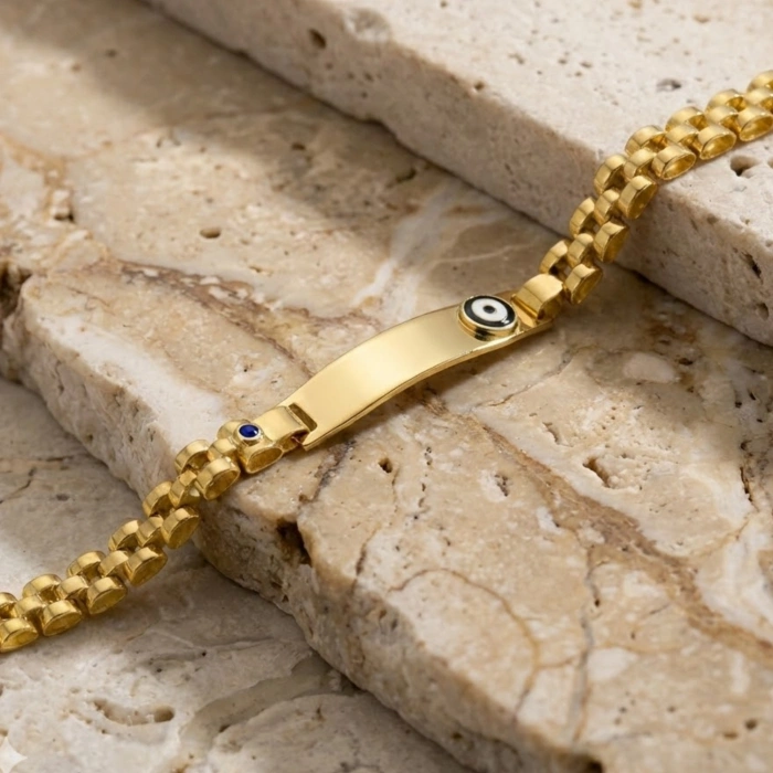 14 Ayar Altın Kişiye Özel isimli Bileklik, Nazar Boncuk Detaylı Bebek Künye