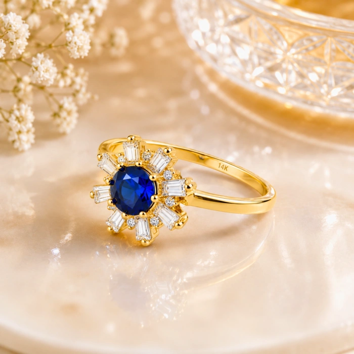 14K Solid Gold Blue Sapphire Baguette Ring