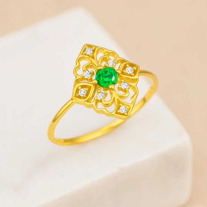 14 Ayar Altın Yeşik Zümrüt İnce Yüzük