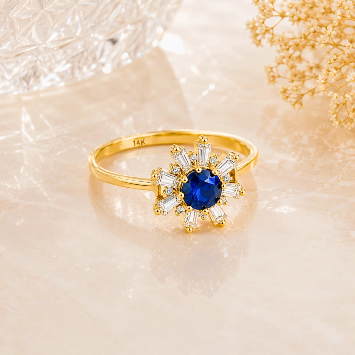 14K Solid Gold Blue Sapphire Baguette Ring