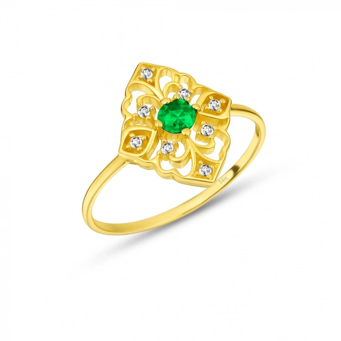 14 Ayar Altın Yeşik Zümrüt İnce Yüzük