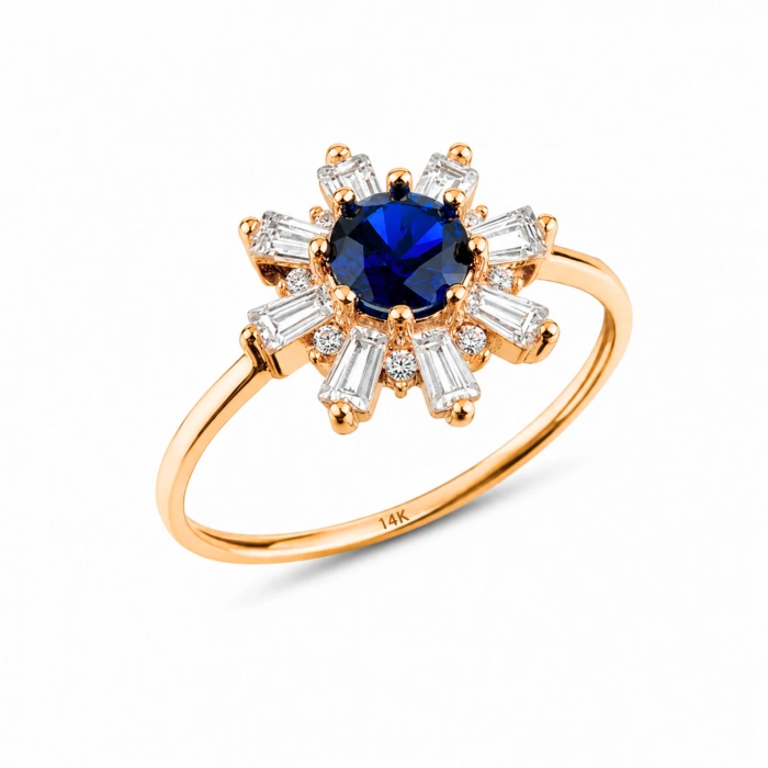 14K Solid Gold Blue Sapphire Baguette Ring