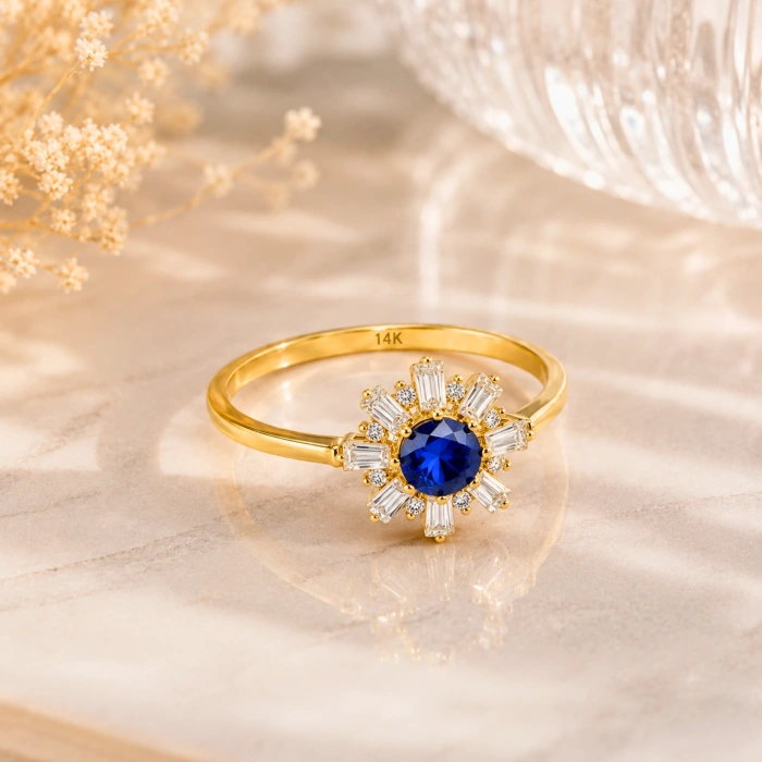 14K Solid Gold Blue Sapphire Baguette Ring