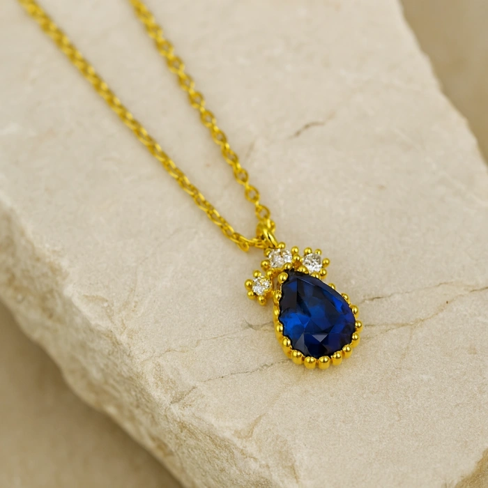 14 Ayar Altın Mavi Safir Damla Kolye
