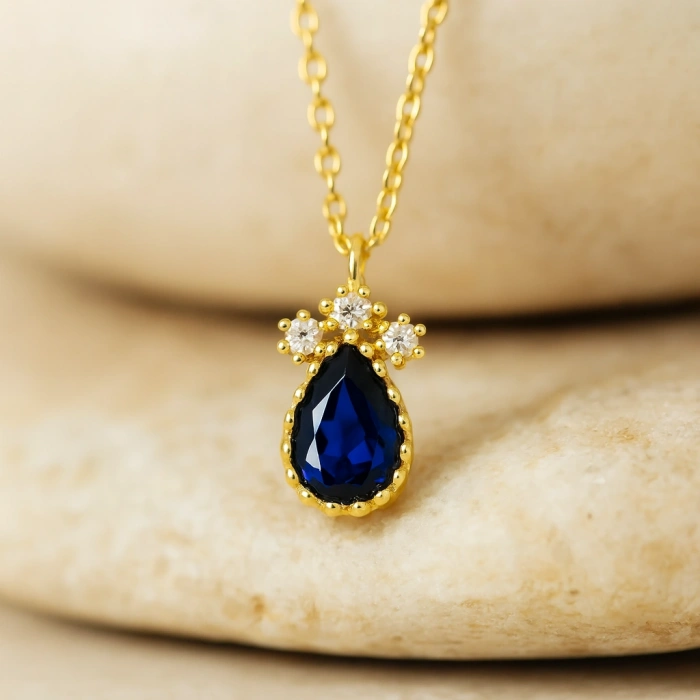 14 Ayar Altın Mavi Safir Damla Kolye