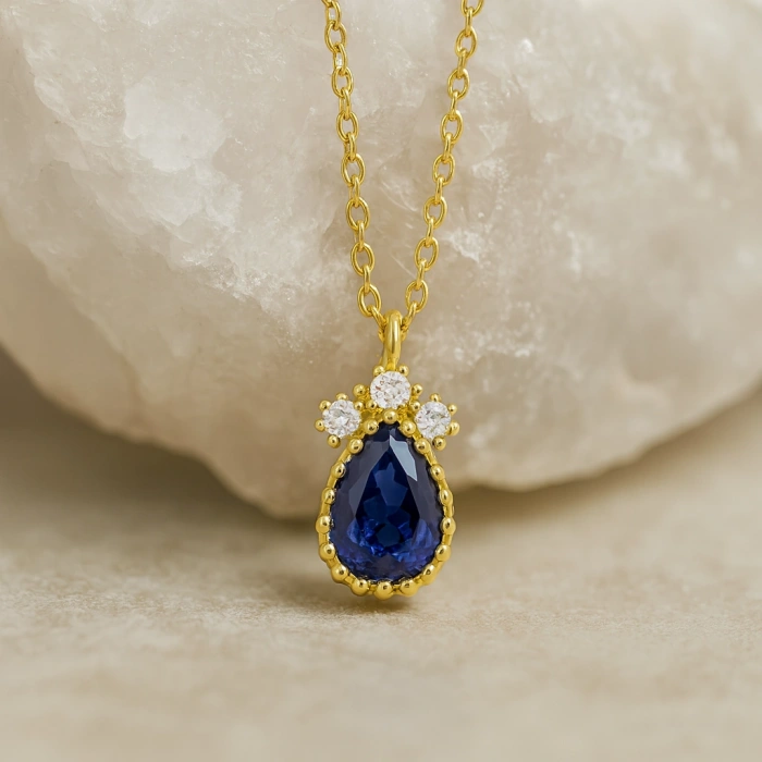 14 Ayar Altın Mavi Safir Damla Kolye