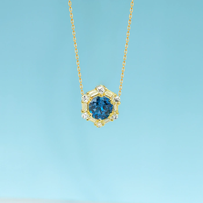 14 Ayar Altın Mavi Safir Kolye, Baget Kesim Altın Kolye