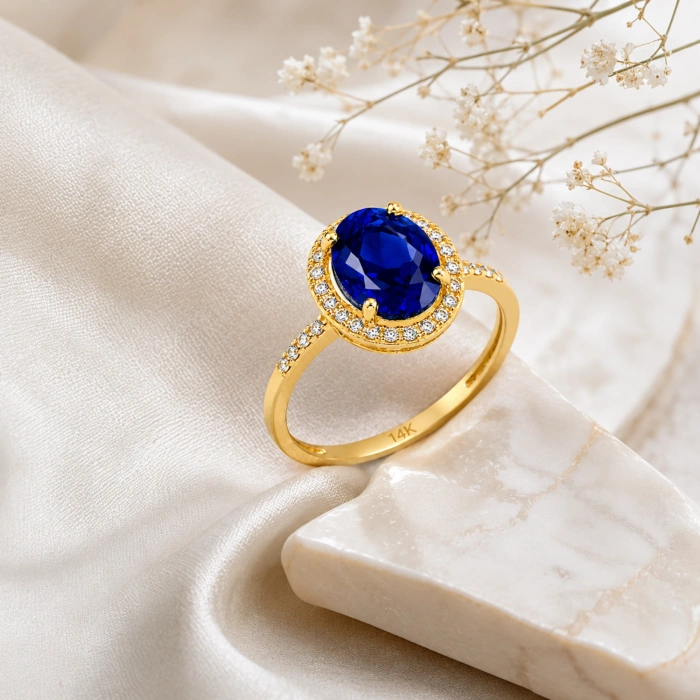 14 Ayar Altın Mavi Safir Oval Yüzük