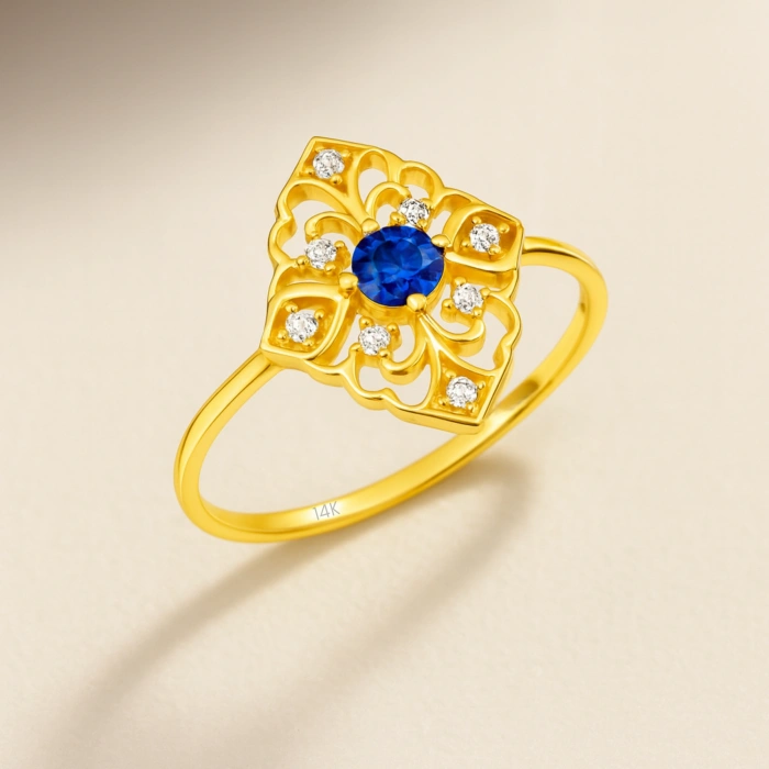 14 Ayar Altın Otantik Dizayn Safir Yüzük