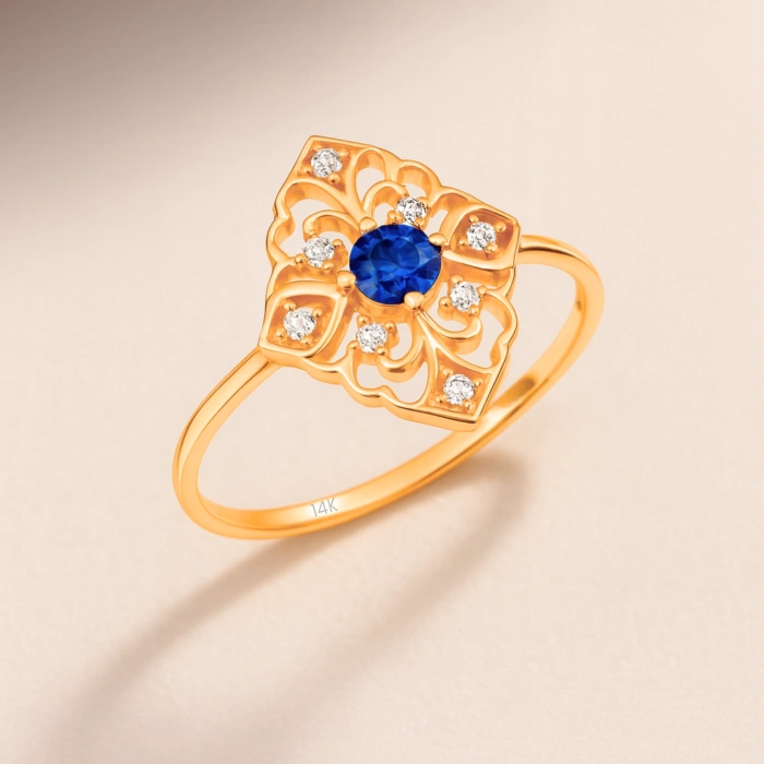 14 Ayar Altın Otantik Dizayn Safir Yüzük