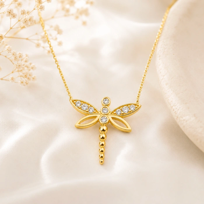 14K Solid Gold Mini Dragonfly Necklace