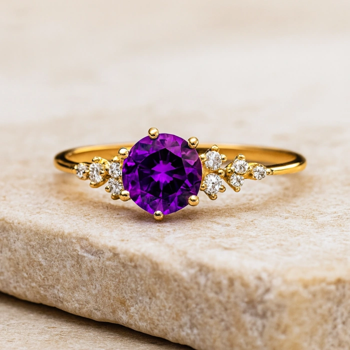 14K Solid Gold Minimal Amethyst Ring