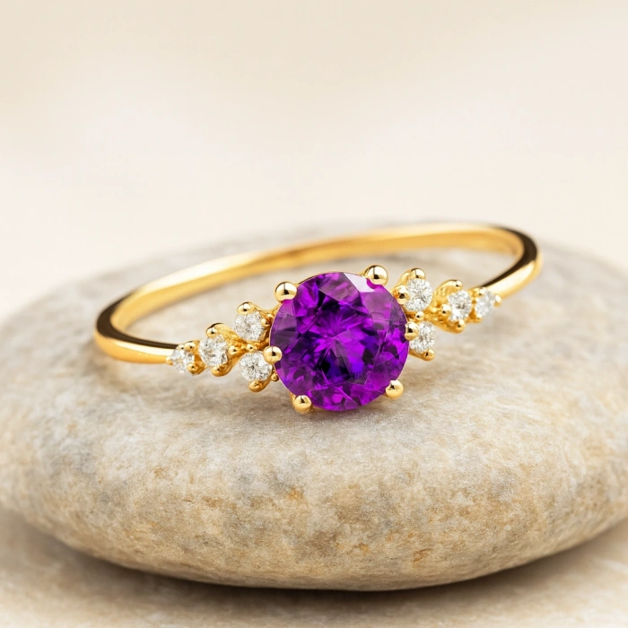 14K Solid Gold Minimal Amethyst Ring