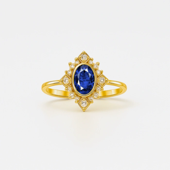 14K Solid Gold Oval Cut Blue Sapphire Ring