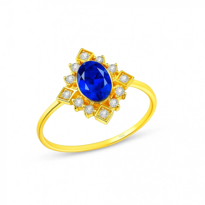 14K Solid Gold Oval Cut Blue Sapphire Ring